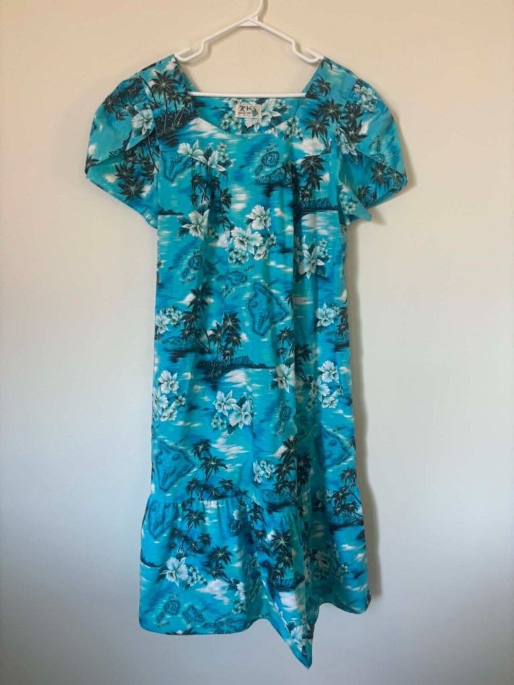 Vintage KY’s Hawaiian Muumuu Dress Size 14 Blue Hawaii Island Print Cotton